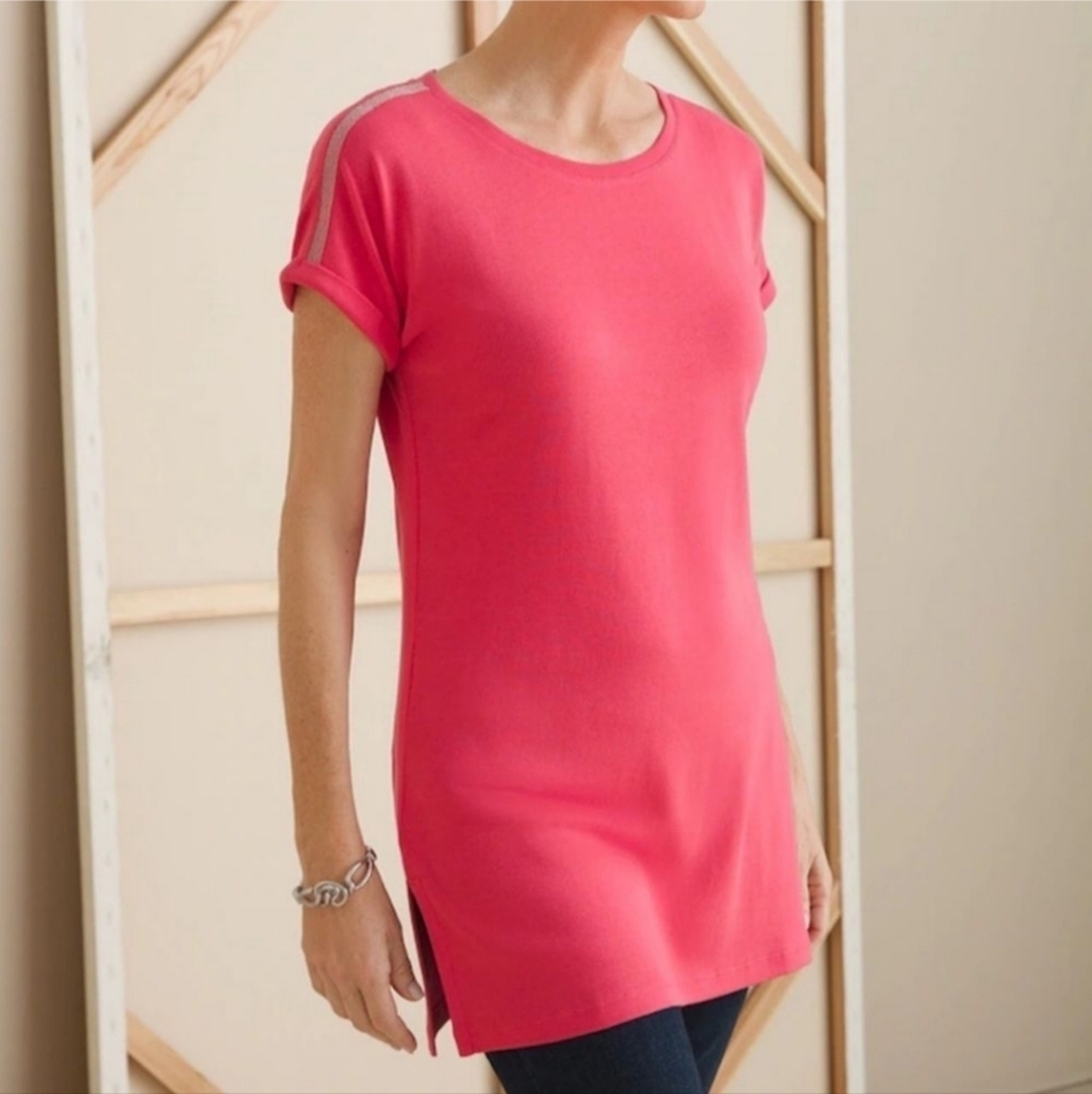 Chico’s Touch of Cool Ball Chain Tunic Top In Cactus Blossom Womens Size Medium